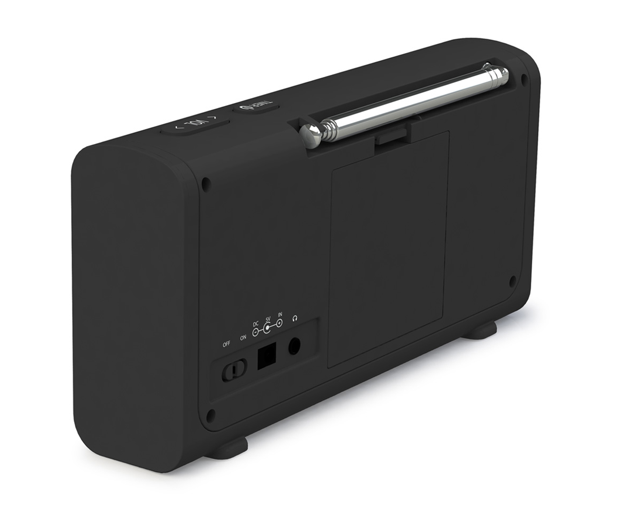 Une radio noire avec antenne et ports. L'arrière de la radio est visible.