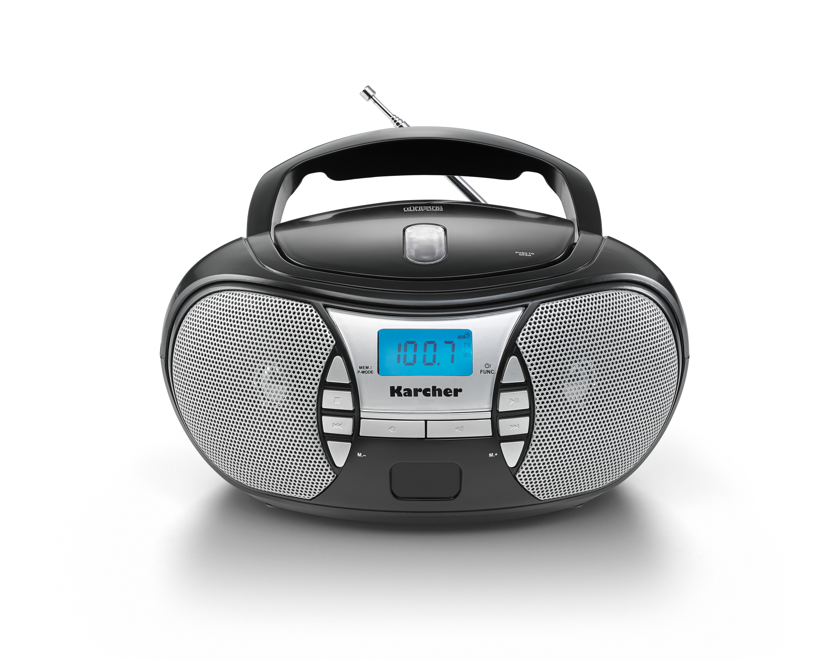 Una radio boombox Karcher nera su sfondo bianco. Ha una maniglia e un altoparlante argentato.