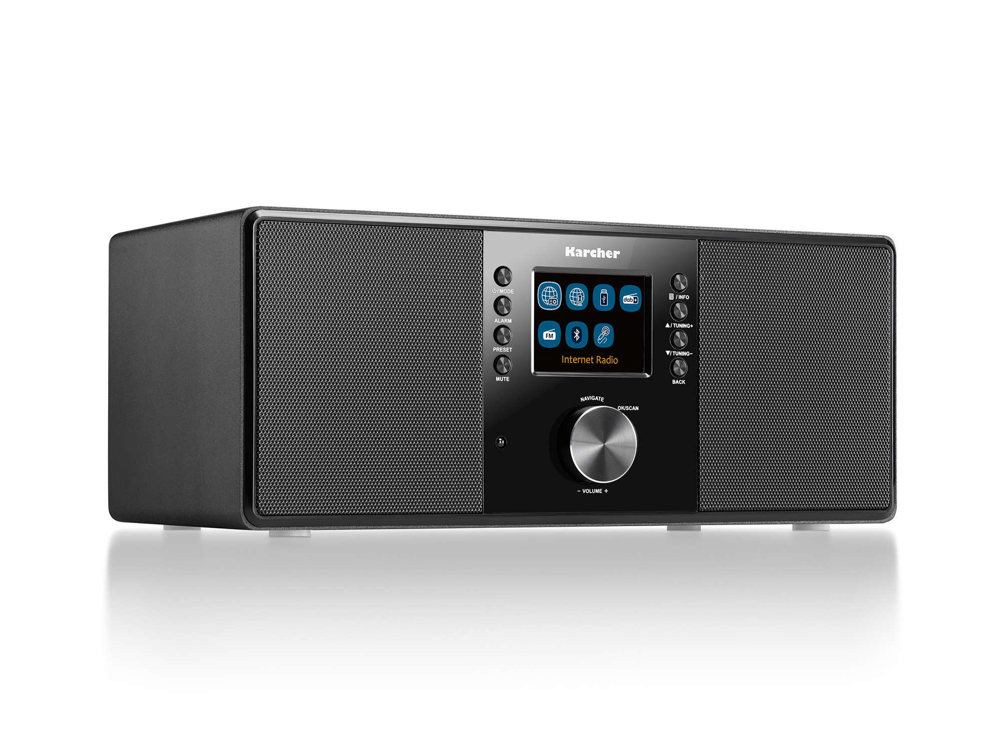 Czarny radio internetowe Karcher. Ma ekran i przyciski. Tło jest białe.