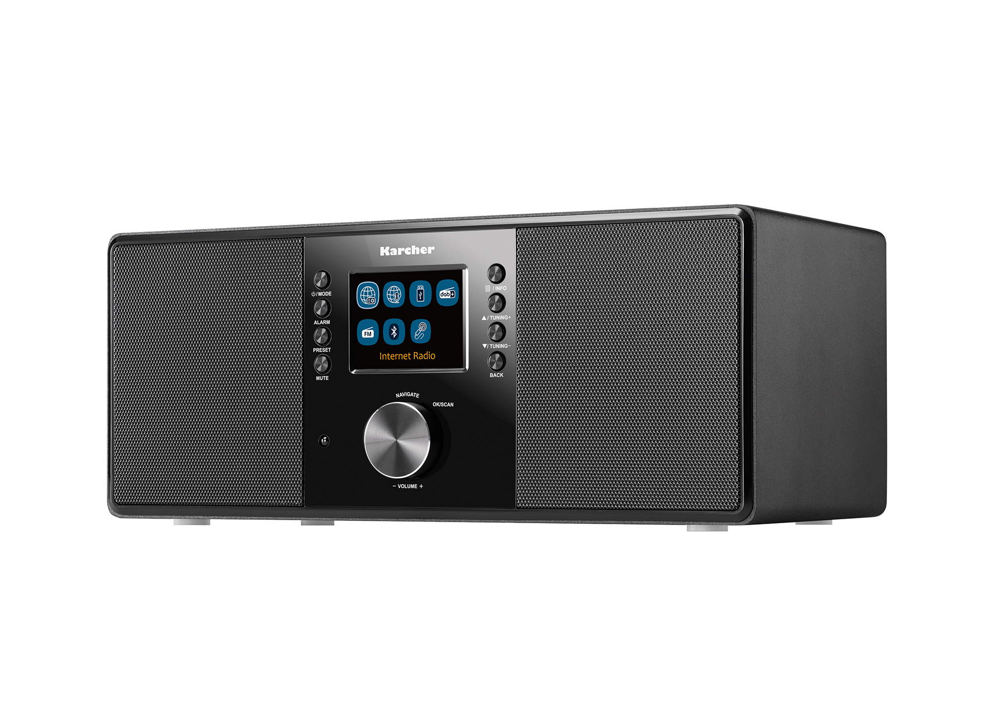 Czarny radio internetowe Karcher, z ekranem i przyciskami.