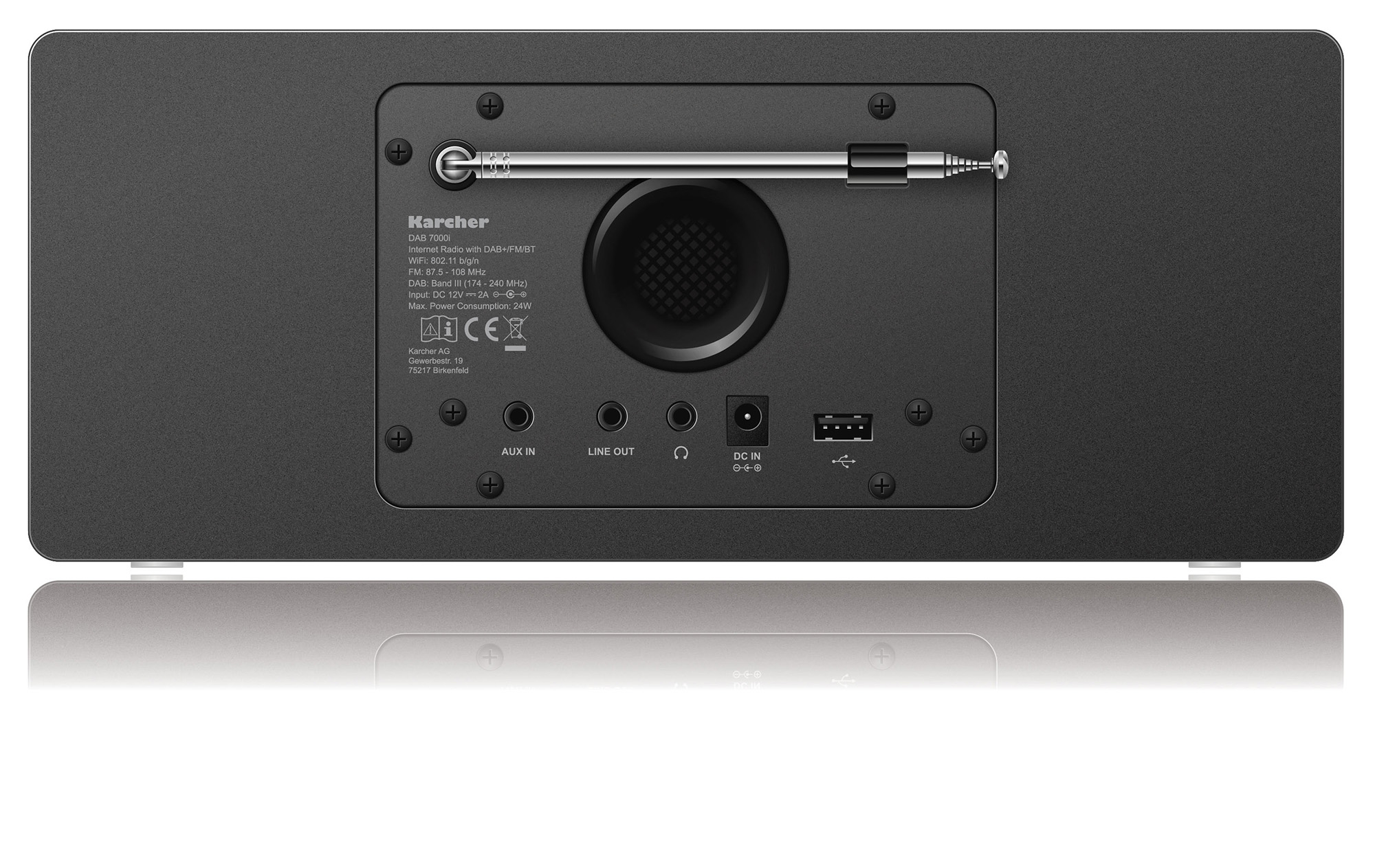Czarny radio Karcher z portami i anteną na białym tle.