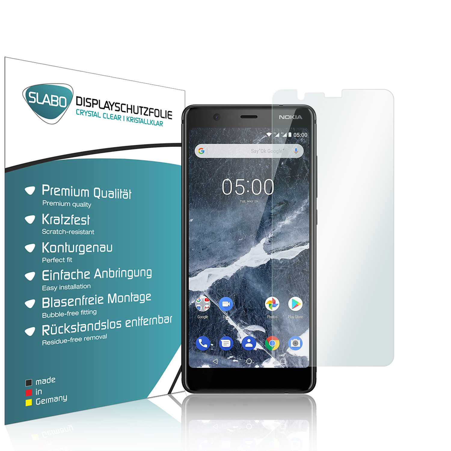 Telefon mit Displayschutz, Displayschutzbox, weißer Hintergrund.