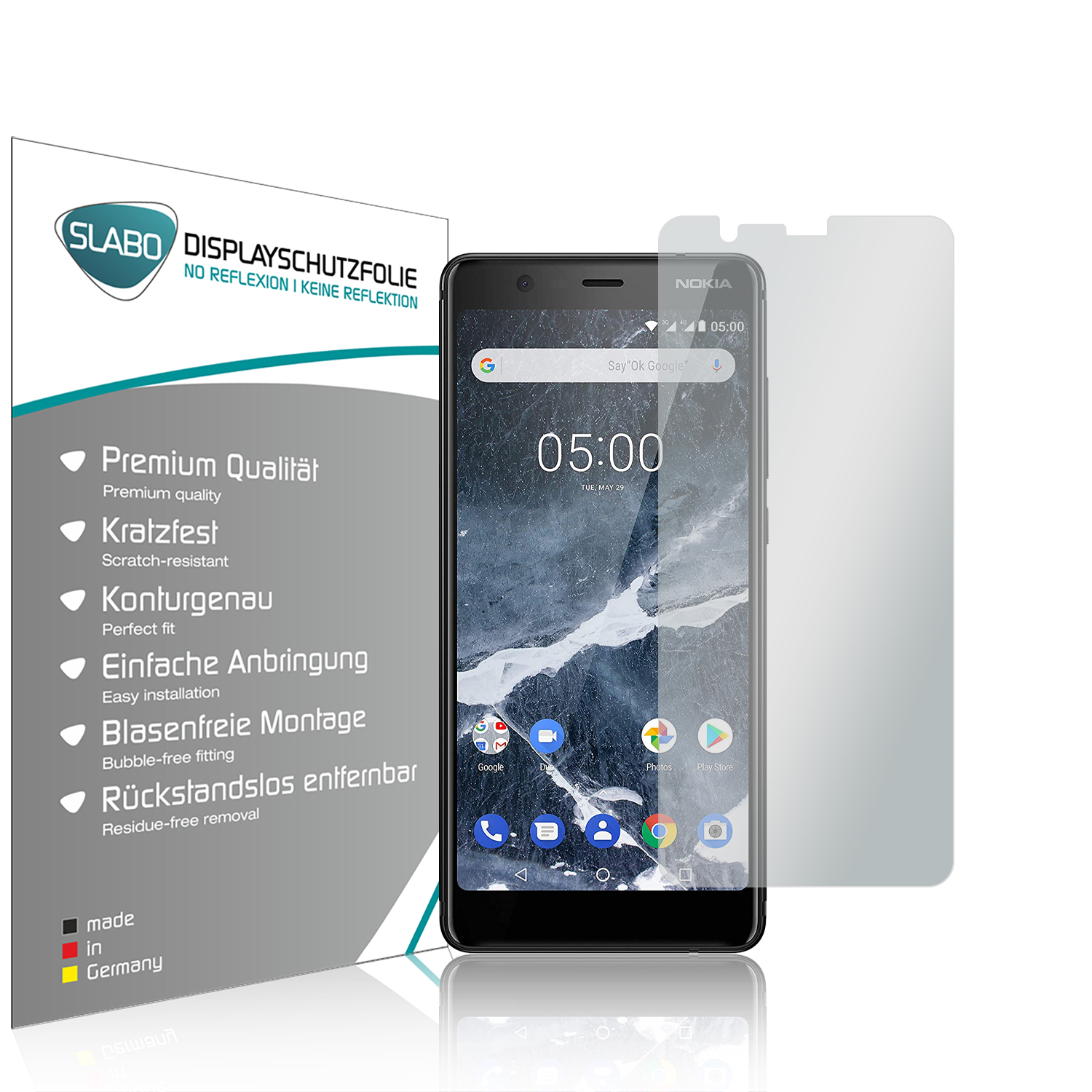 Ein Telefon mit Displayschutzfolie und separatem Schutz auf weißem Hintergrund mit Text.