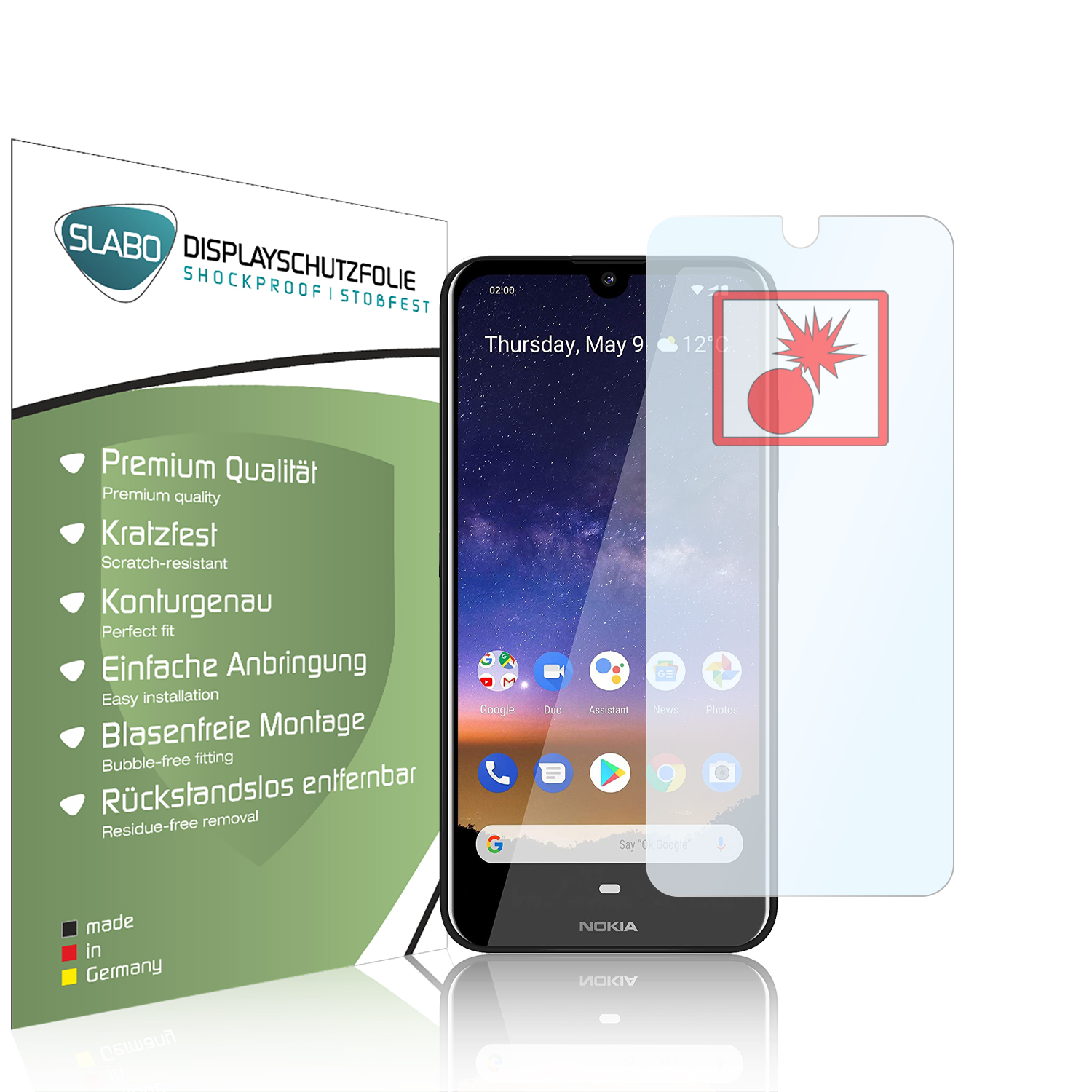 Telefon mit Displayschutz, Box links. Bildschirm zeigt Zeit und Apps.
