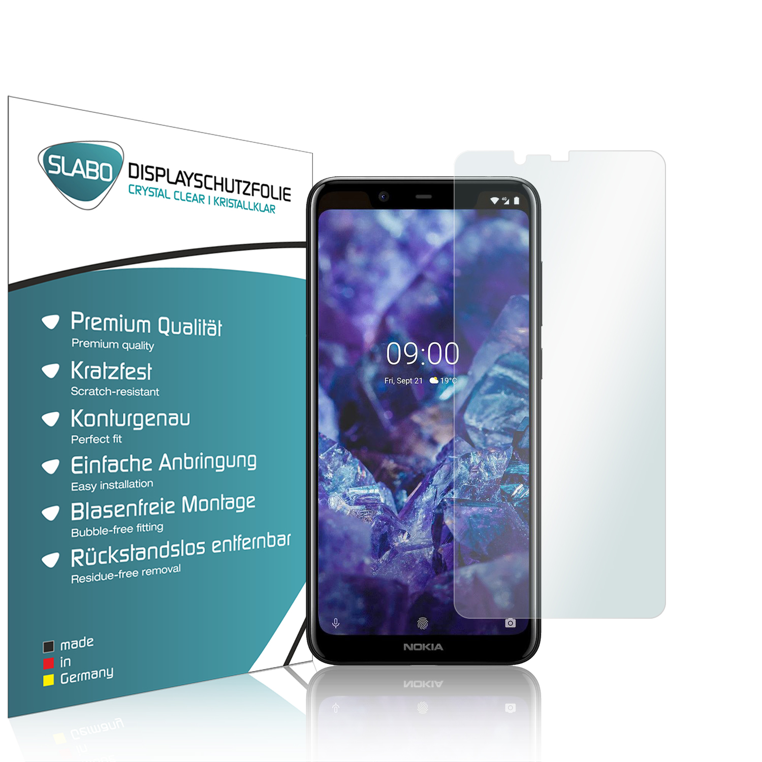 Ein Telefon mit Displayschutzfolie und eine Displayschutzfolienbox, mit deutschem Text.