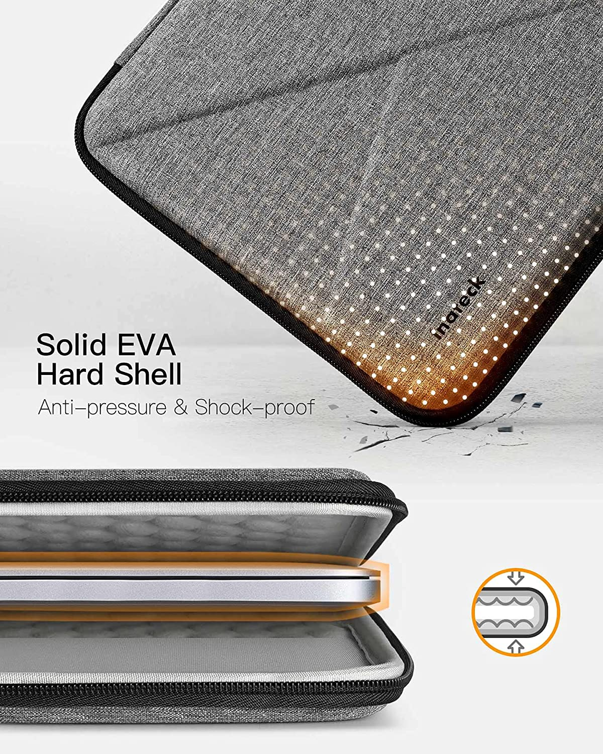 Graue Laptop-Hülle mit Innenschichten und stoßfestem Design.