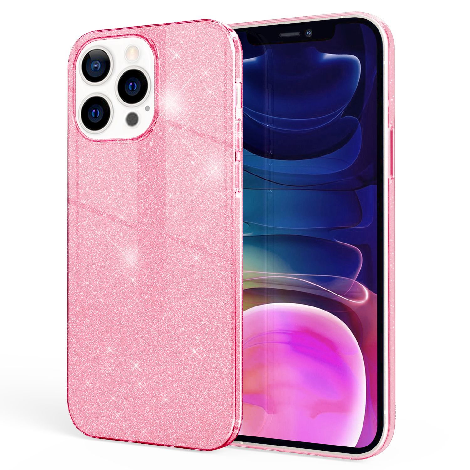 Funda rosa con purpurina, dos piezas, sobre fondo blanco.
