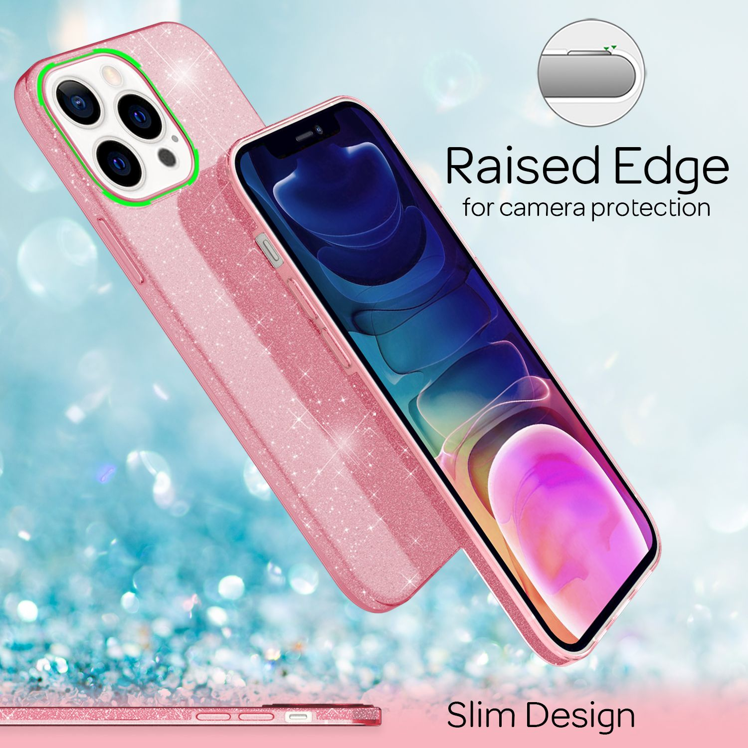 Funda rosa con teléfono, mostrando borde elevado para la protección de la cámara.