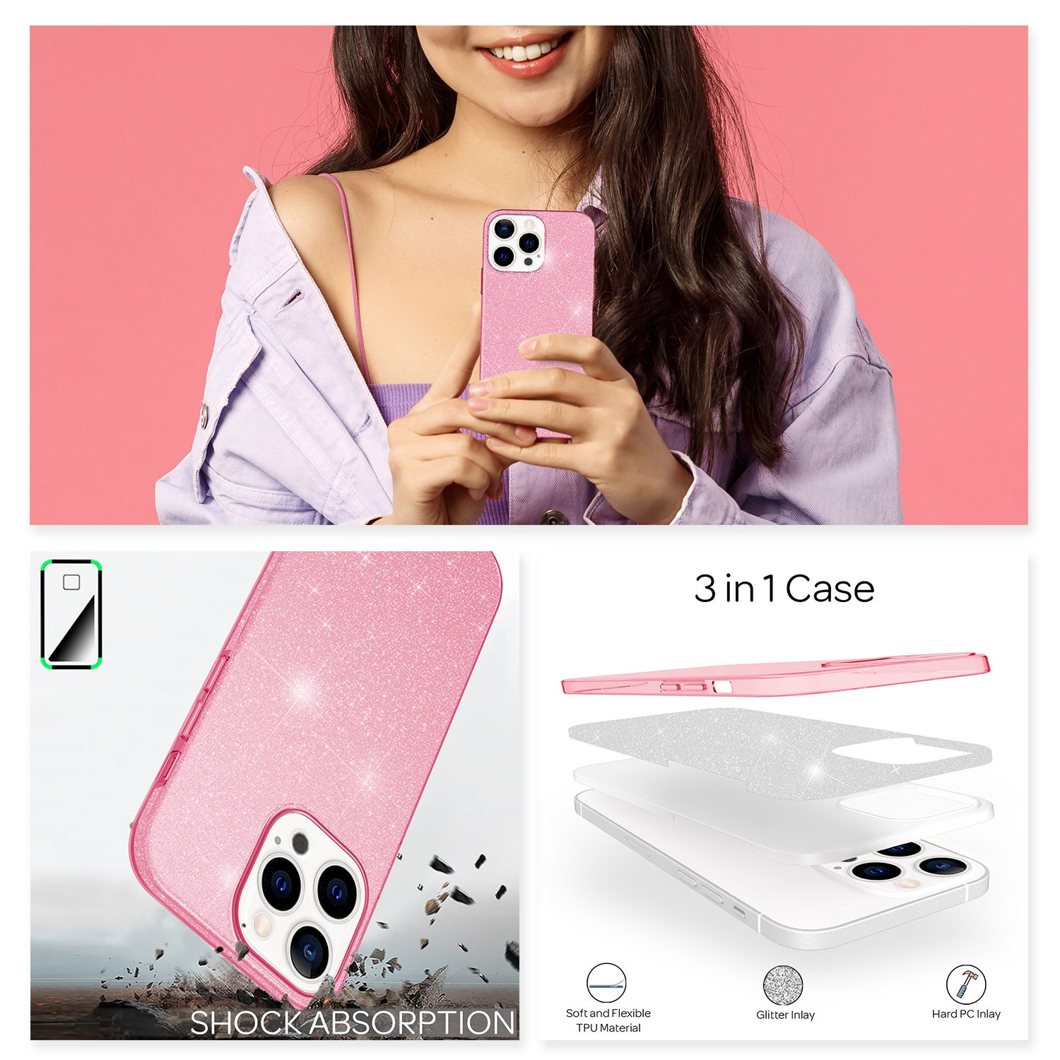 Funda rosa con purpurina, mujer sosteniendo teléfono. Diseño 3 en 1, materiales blandos y duros.