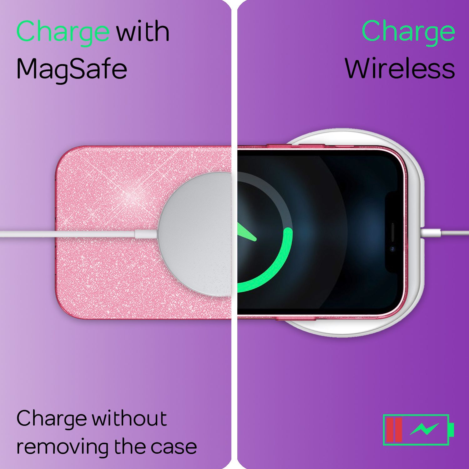 Imagen que muestra la carga del teléfono con MagSafe e inalámbrica, con texto.