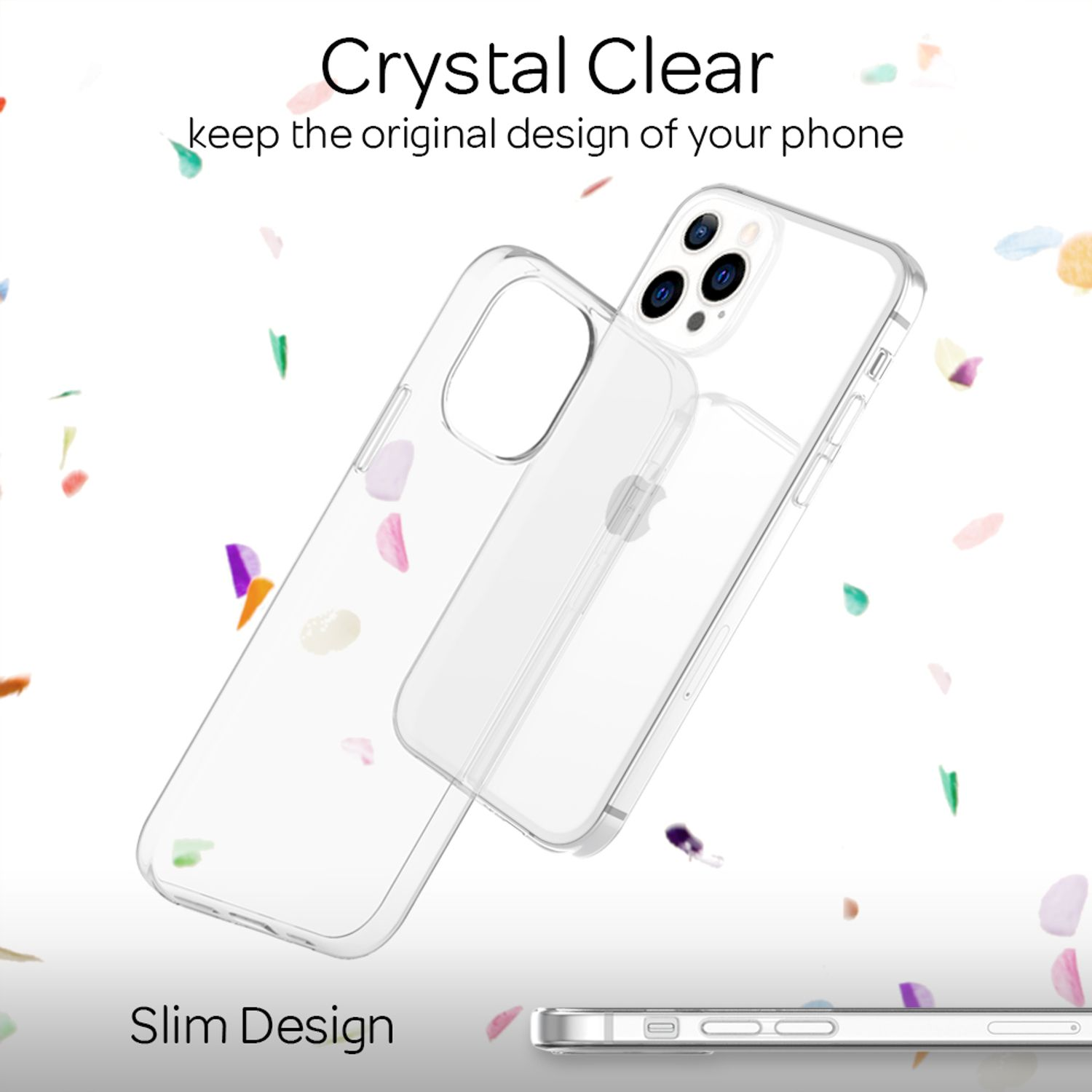 Funda transparente con confeti, diseño delgado, fondo blanco.