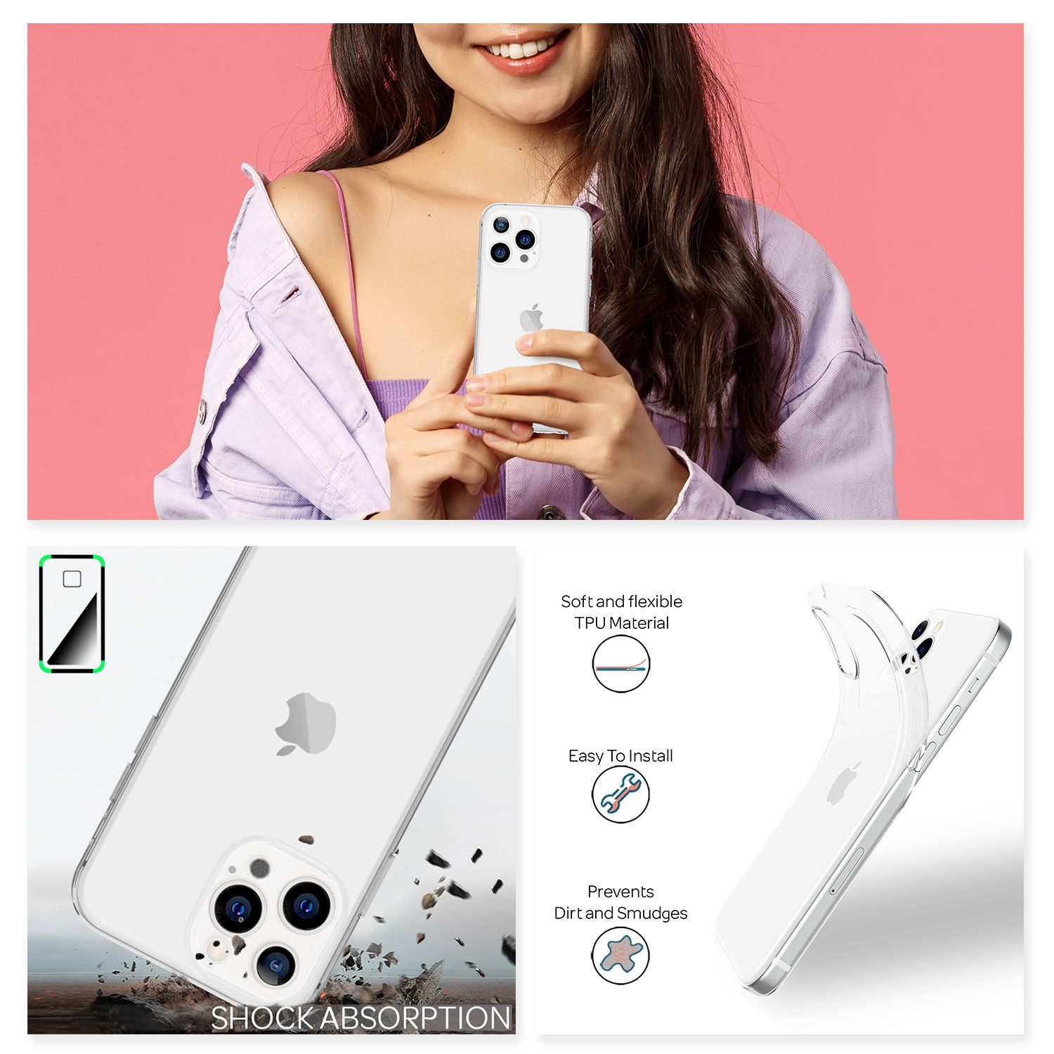 Chica sosteniendo un teléfono blanco en una funda transparente. Diagramas muestran material TPU, fácil instalación.