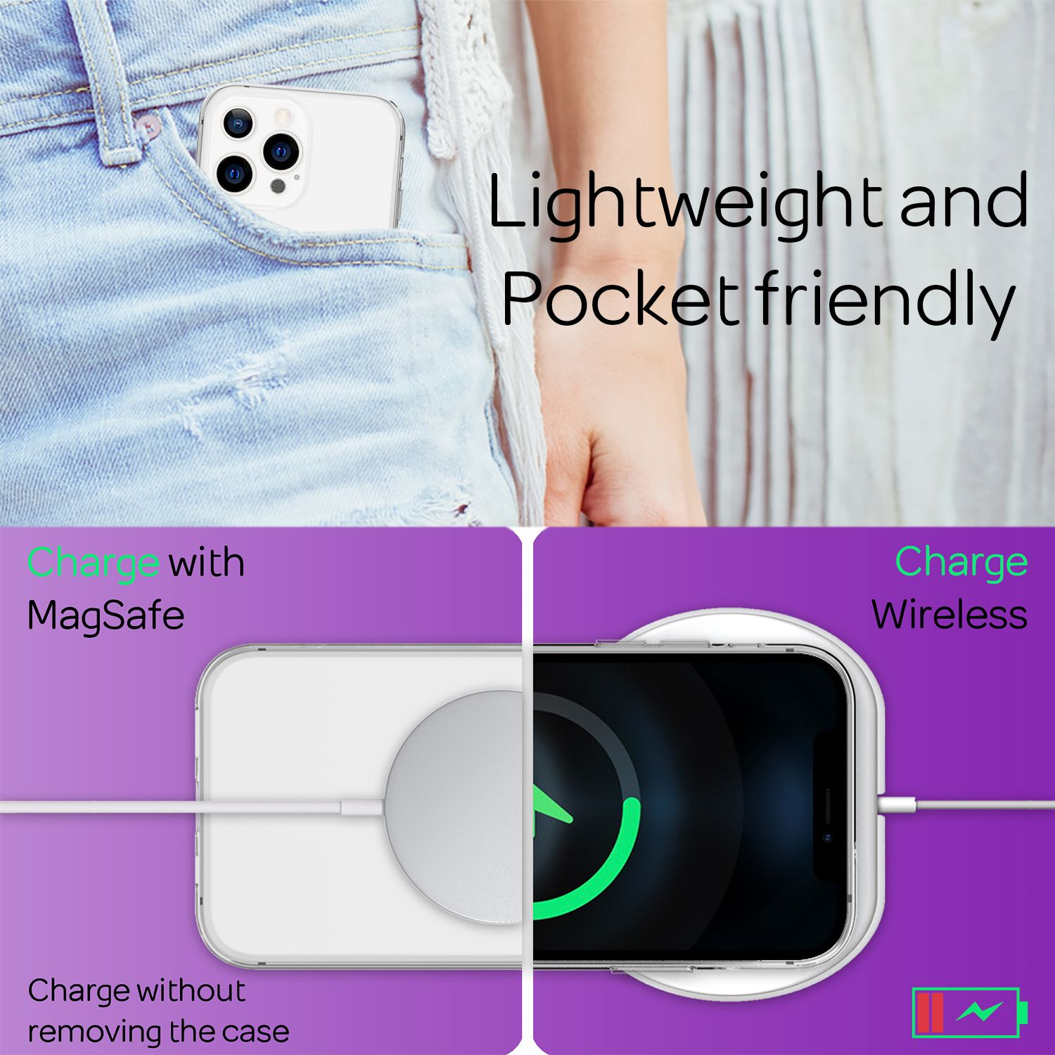 Teléfono en bolsillo, carga inalámbrica. Muestra MagSafe y métodos de carga inalámbrica.