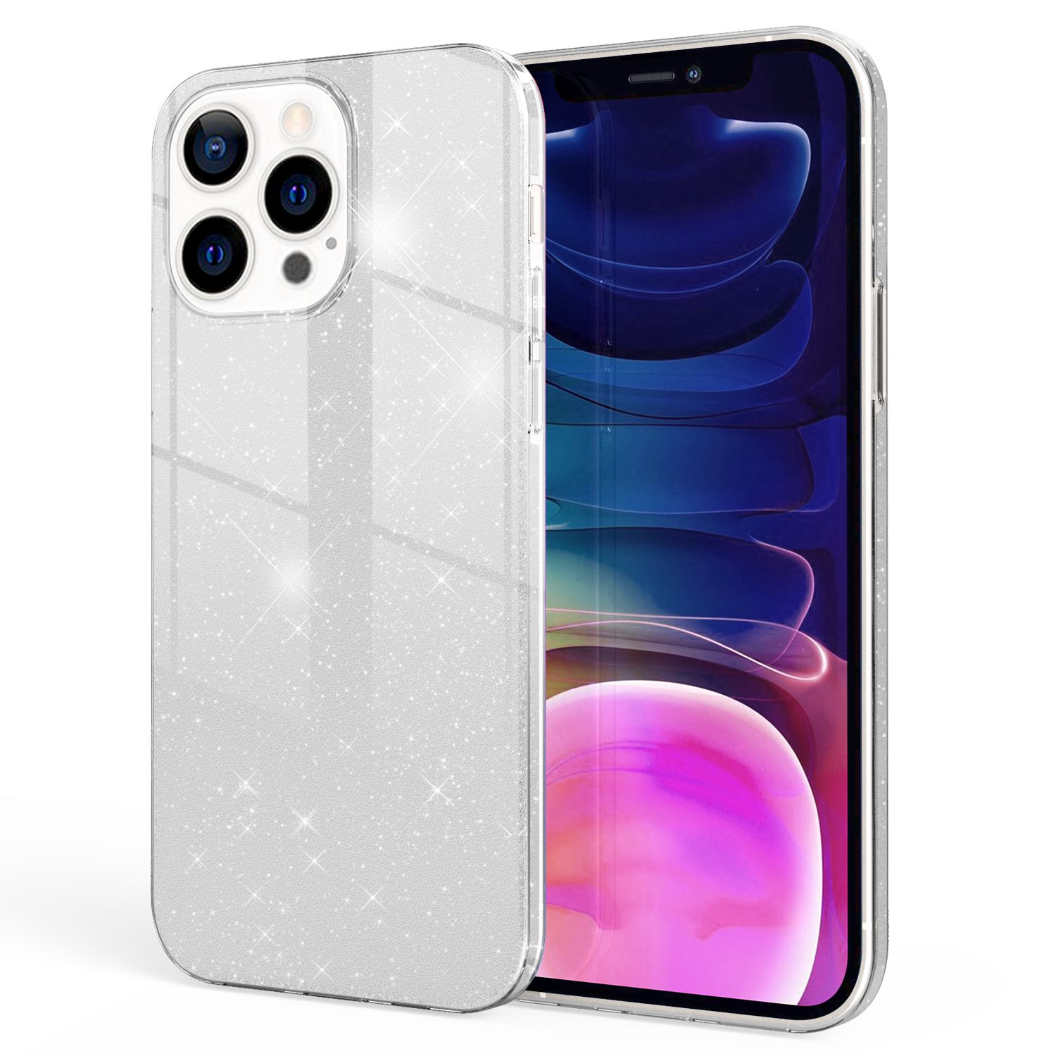 Funda transparente para teléfono con diseño de purpurina, sobre fondo blanco.