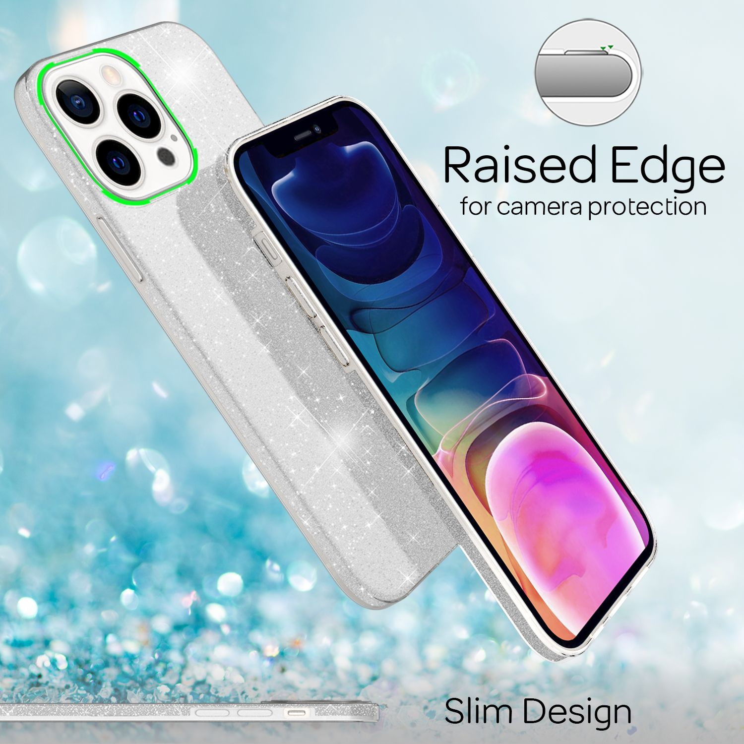 Un teléfono en una funda plateada brillante, con textos 'Raised Edge' y 'Slim Design'.