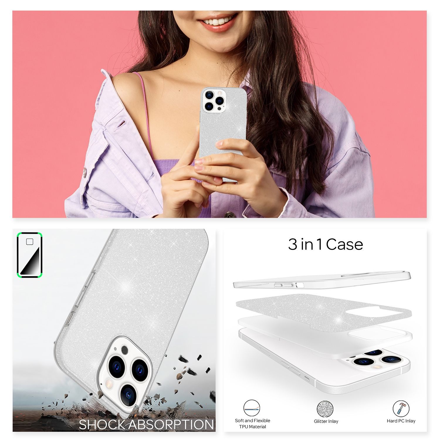Una mujer sostiene un teléfono plateado brillante. Debajo hay imágenes de la funda, absorción de impactos y capas.