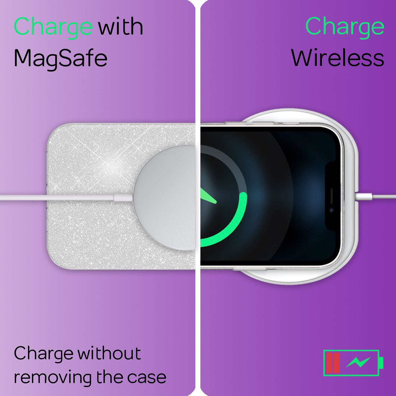 Dos teléfonos cargando, uno MagSafe, uno inalámbrico, fondo morado.