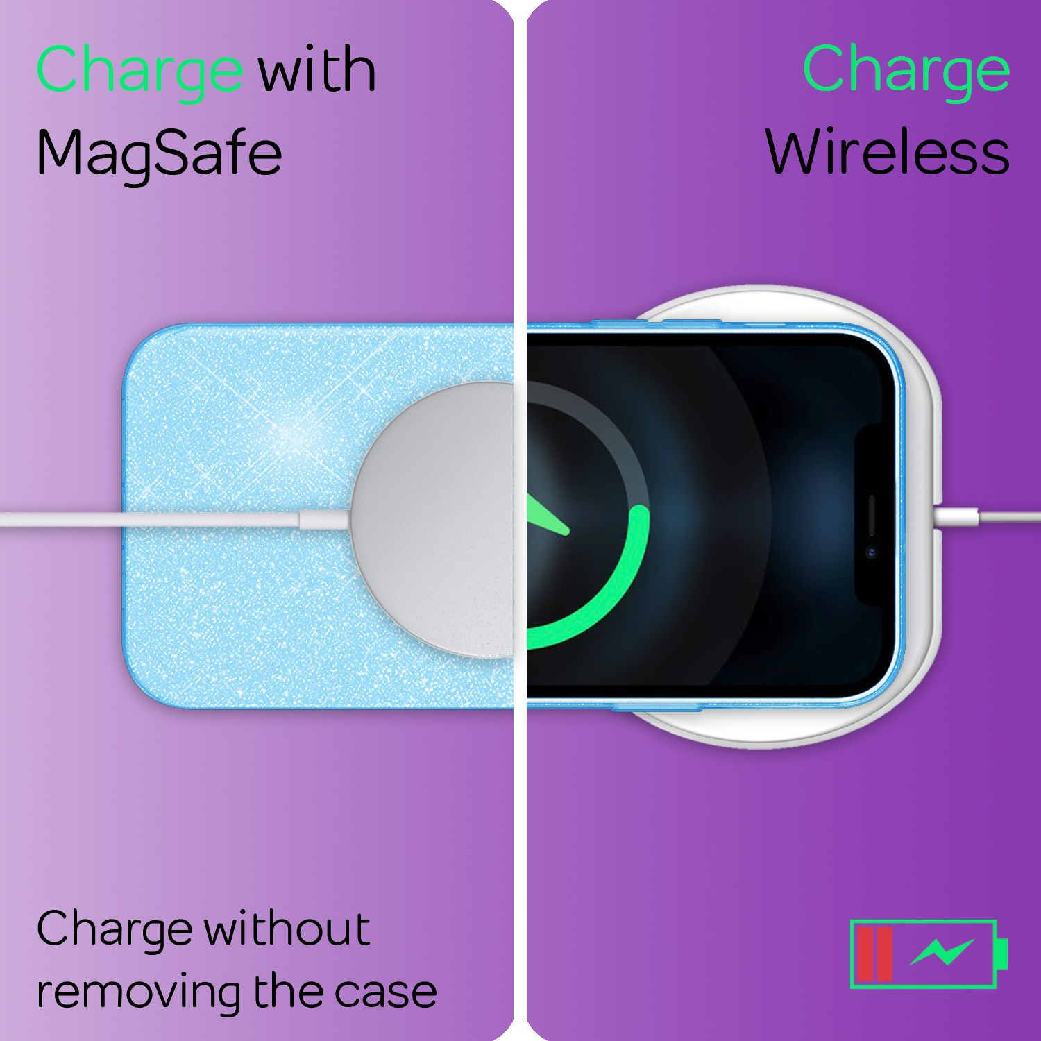 Teléfono cargando MagSafe y inalámbrico. Carga sin funda.