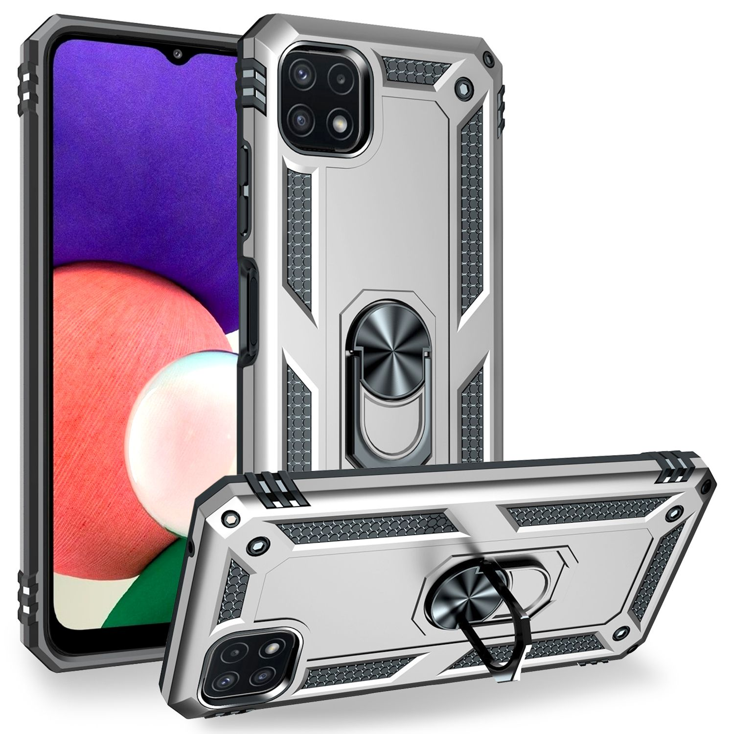 Silberne Handyhülle mit Ringhalterung. Telefon sichtbar. Zusätzliche Hülle unten.