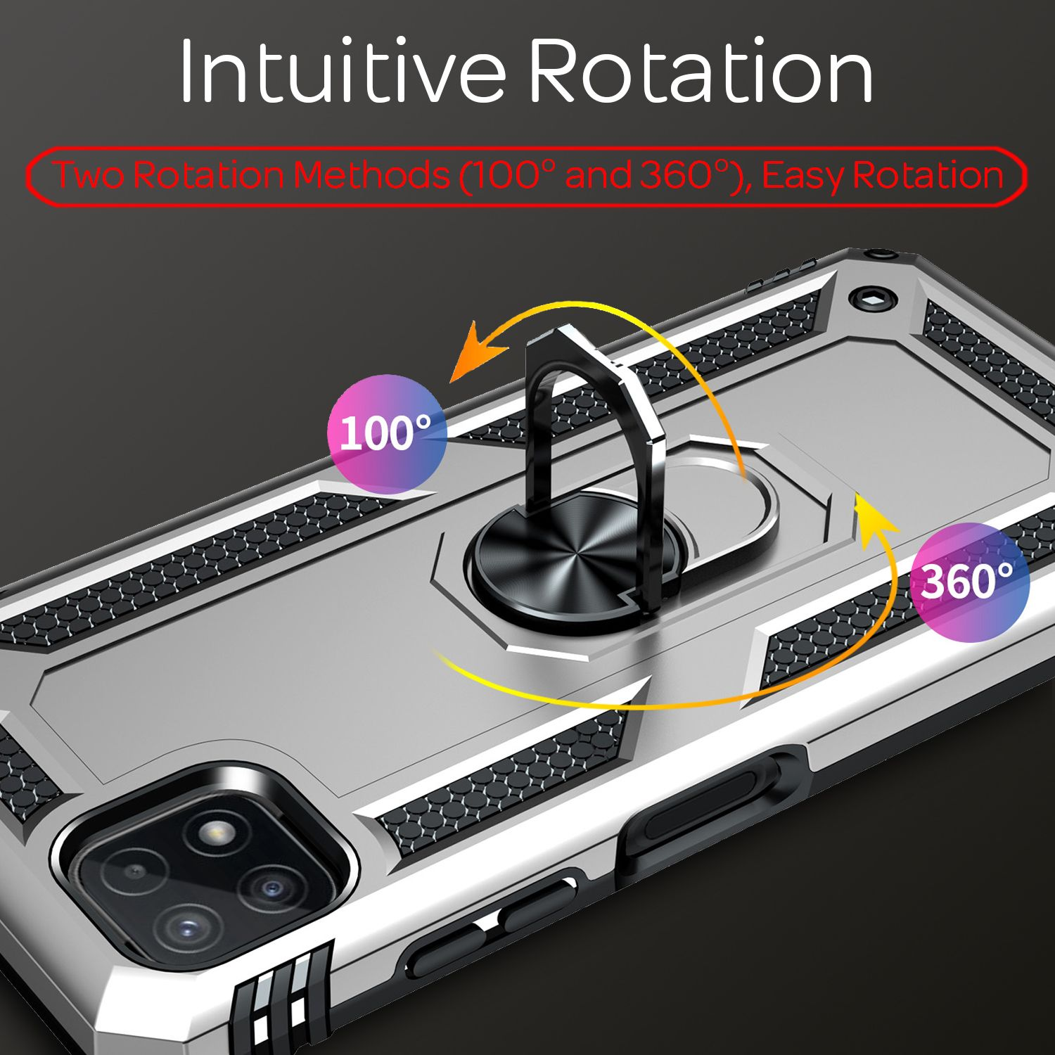 Eine Handyhülle mit Metallring. Text: intuitive Rotation, 100° und 360° Drehung.