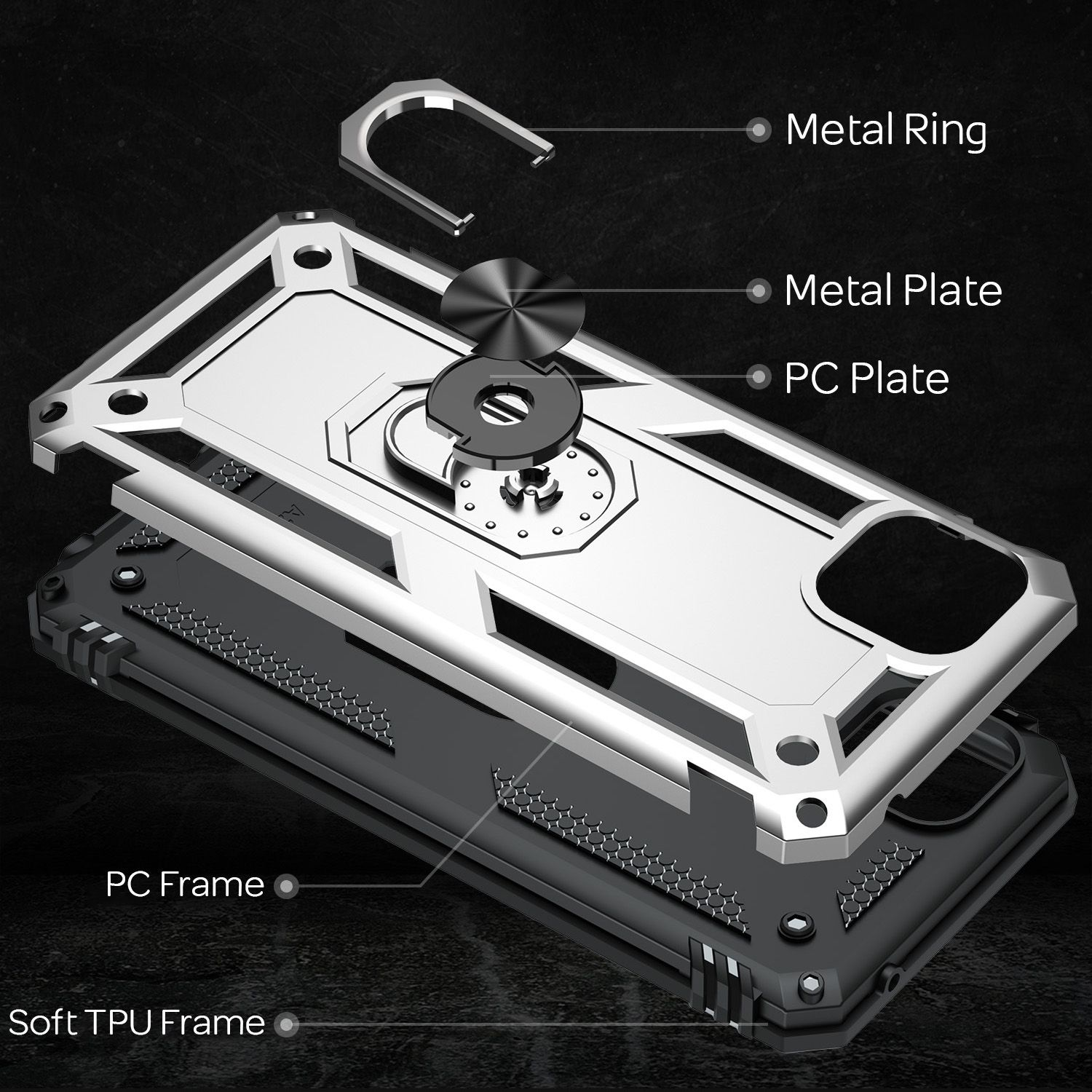 Eine Explosionsansicht einer Handyhülle mit Metallring, Metallplatte, PC-Platte, PC-Rahmen und weichem TPU-Rahmen.