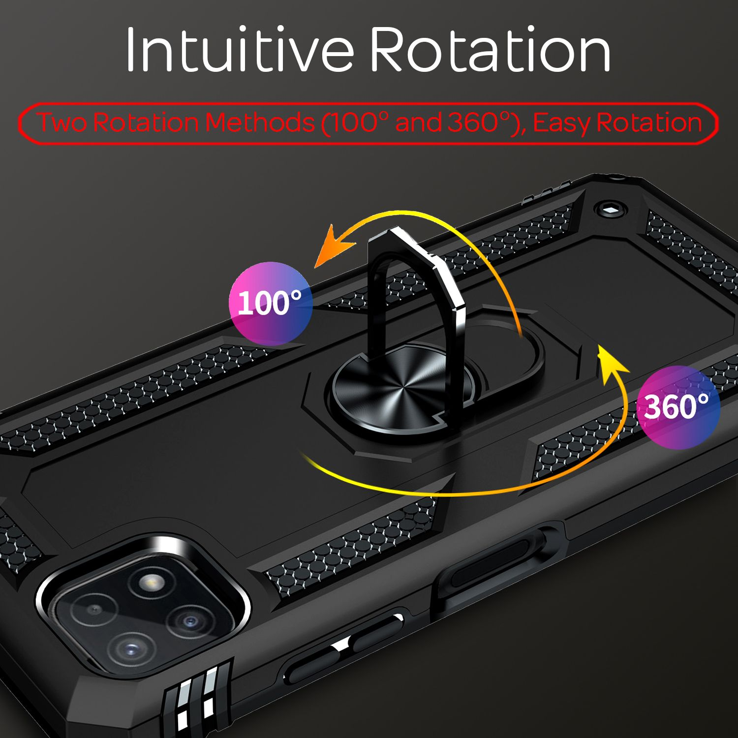 Eine schwarze Handyhülle mit einem Ringhalter, die 100 und 360 Grad Drehoptionen zeigt.