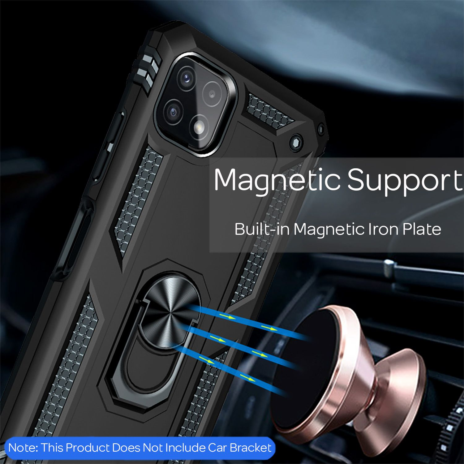 Eine schwarze Handyhülle mit Magnetring und Autohalterung. Die Hülle befindet sich auf einem Autositz.