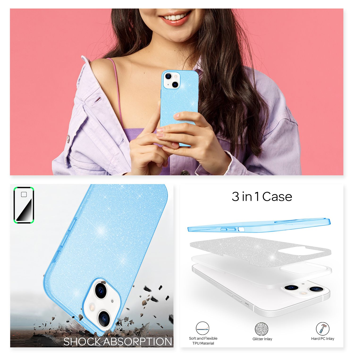 Una donna che tiene una custodia blu per telefono. C'è un diagramma e un'immagine della custodia 3 in 1. Custodia per telefono glitterata.