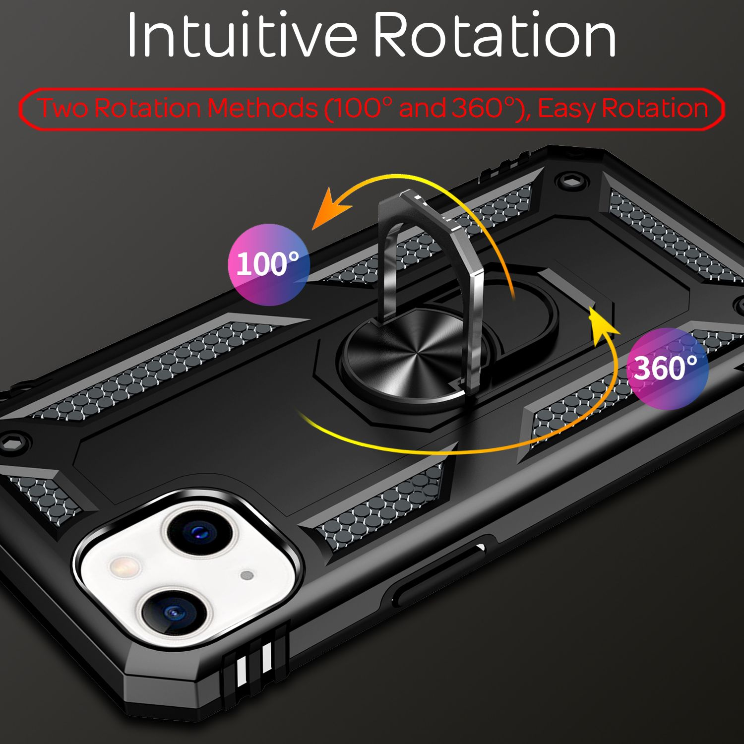 Custodia nera per telefono con anello metallico. Testo: 'Intuitive Rotation'.
