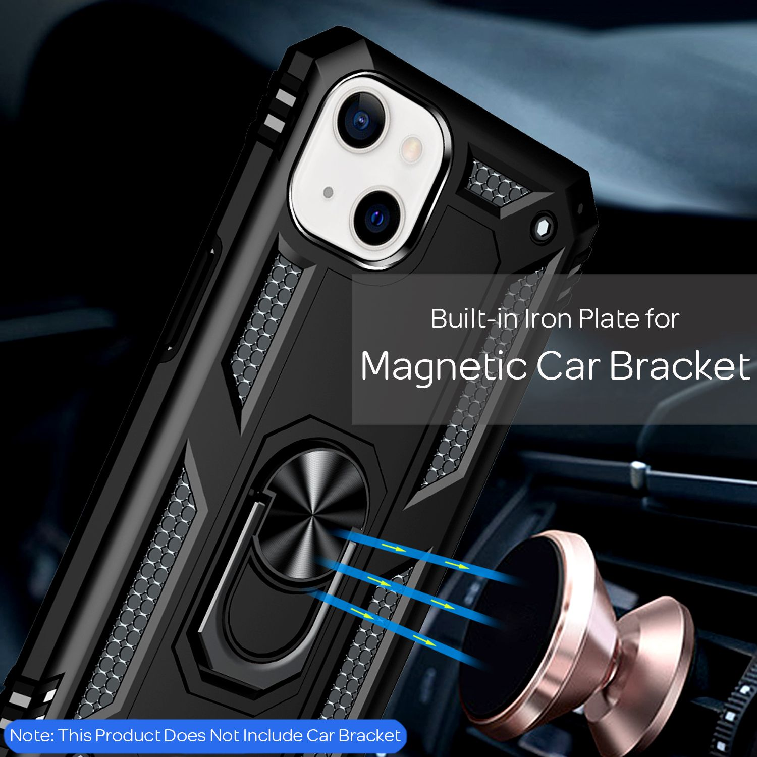 Custodia nera per telefono con piastra in ferro integrata per supporto magnetico per auto. Il telefono è nero.