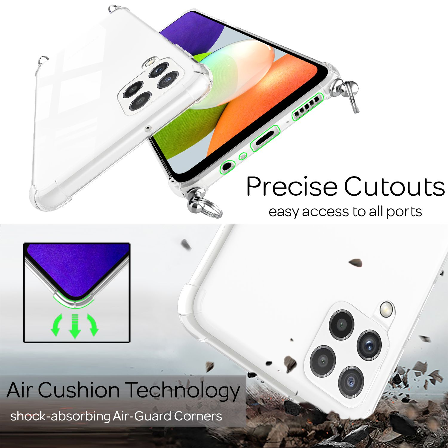 Custodia trasparente con ritagli e tecnologia air cushion, dettagli del telefono visibili.