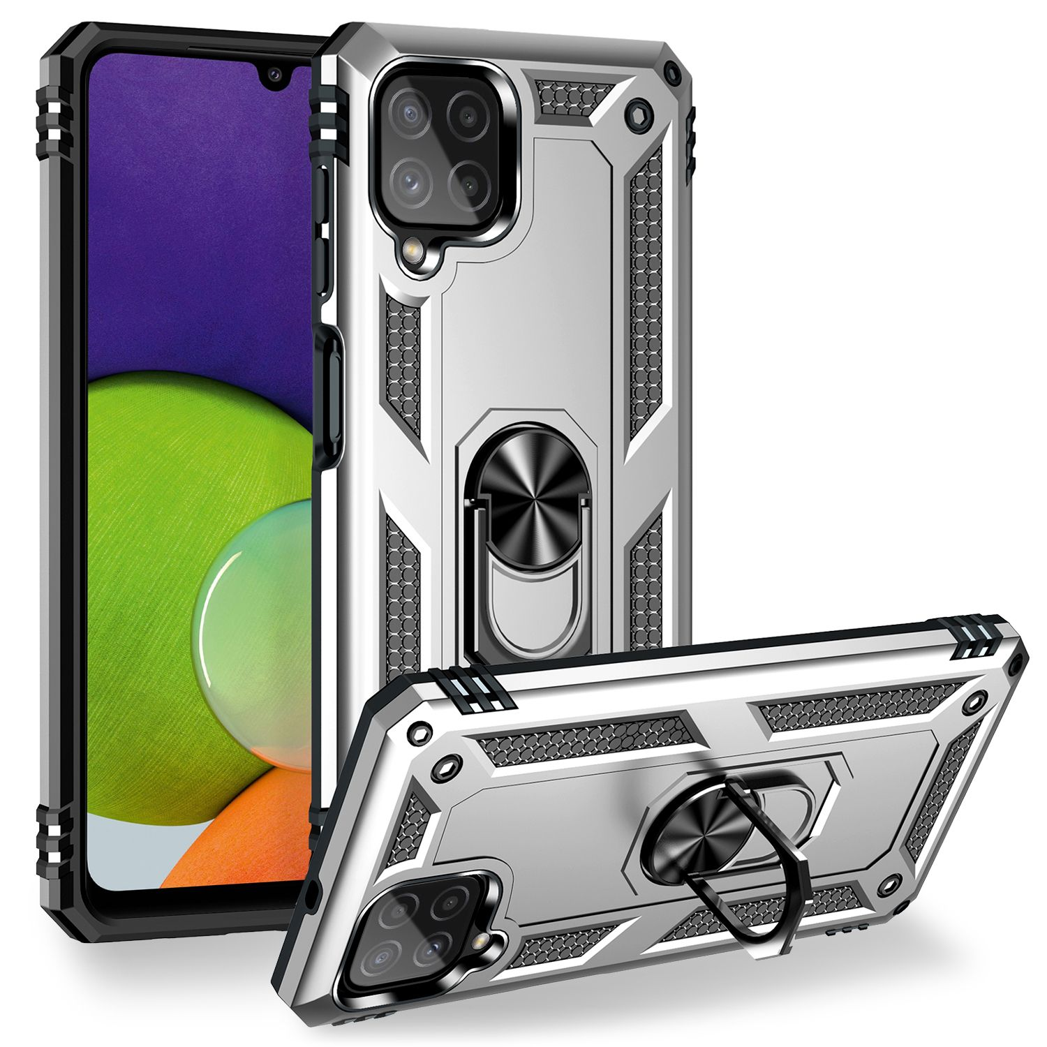 Eine silberne Telefonhülle mit drehbarem Ringständer. Die Hülle hat ein strukturiertes Design und Kameraausschnitte.