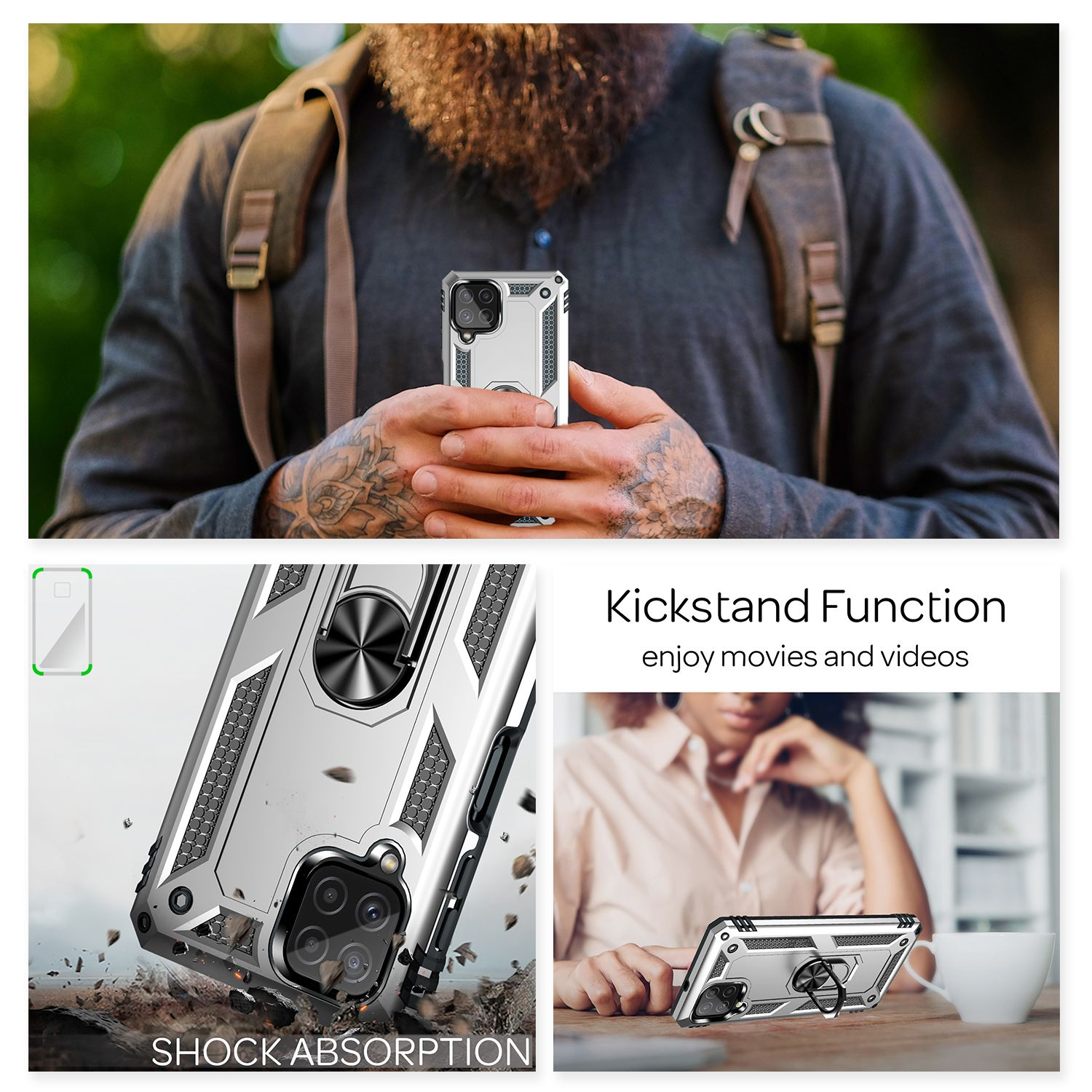 Ein silbernes Handyhüllen-Set, das das Telefon und seine Stoßdämpfungseigenschaften zeigt.