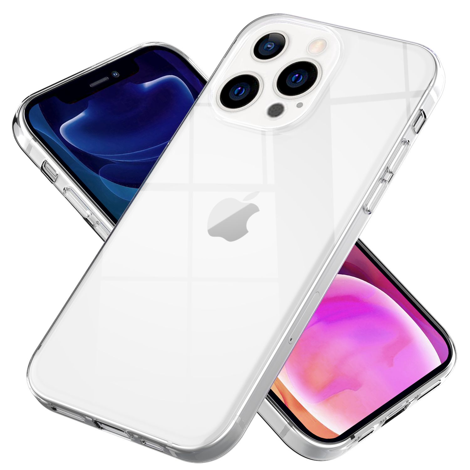 Funda transparente sobre un teléfono, mostrando cámara y pantalla, vista en ángulo.