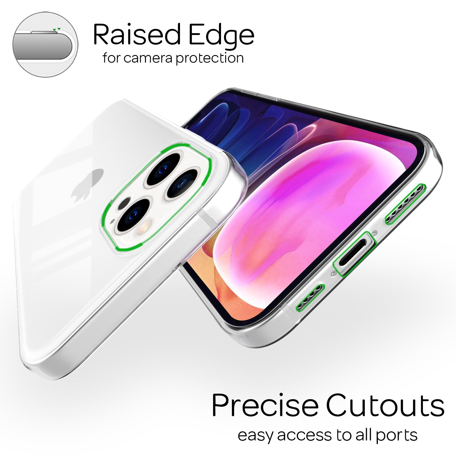 Dos fundas transparentes para teléfono, una mostrando un teléfono, destacando el borde verde de la cámara y los recortes.