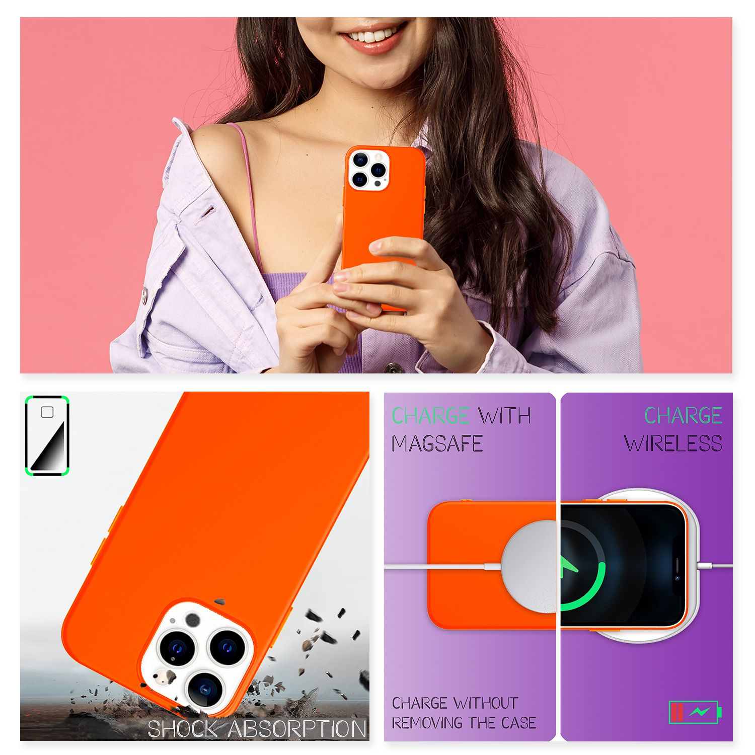 Eine orangefarbene Handyhülle mit Telefon, Ladeoptionen und Text zum Aufprallschutz.