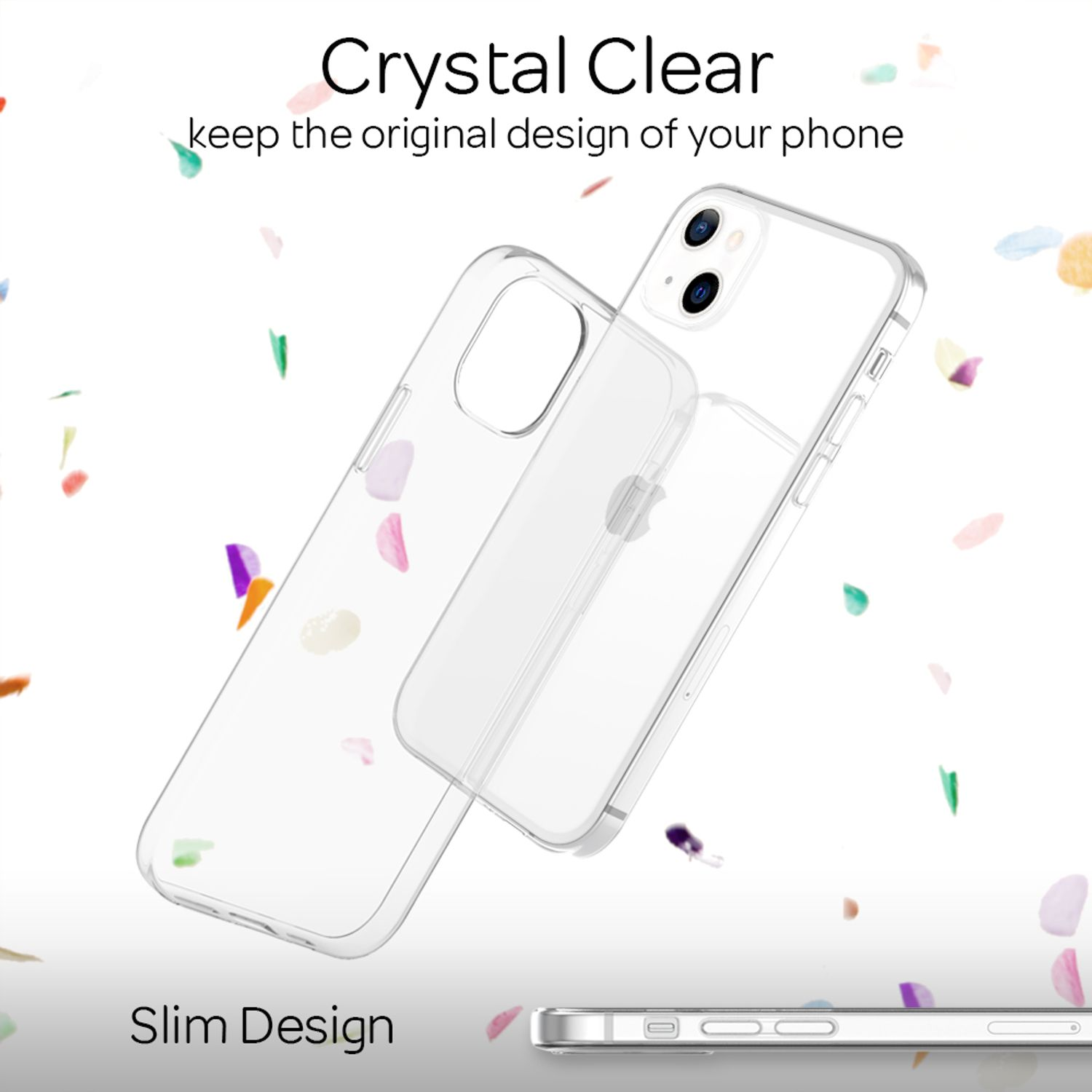 Transparente Handyhülle mit Telefon, schlankes Design, farbenfroher Konfettihintergrund.