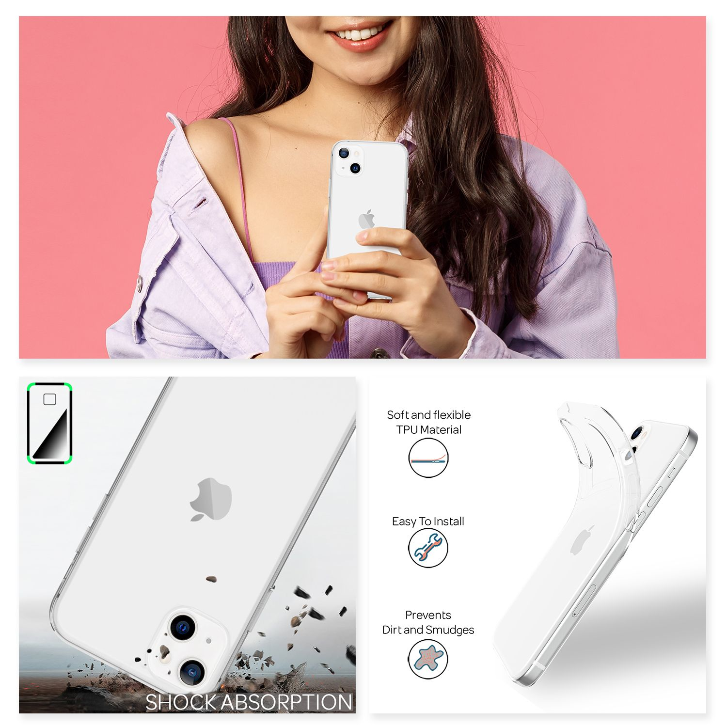 Eine Frau hält ein Telefon und zeigt eine Hülle und ein Telefon mit Text und Symbolen.