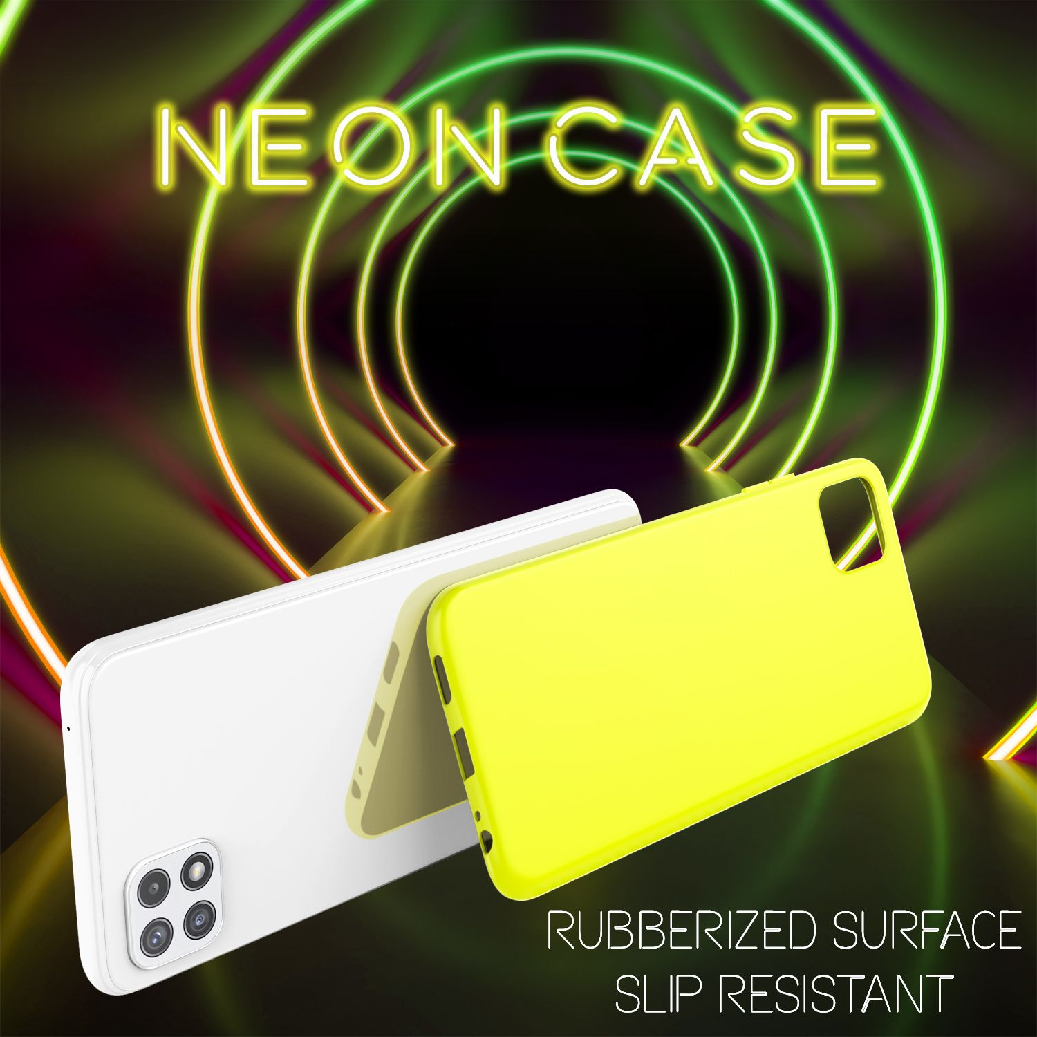 Neon-Handyhüllen: weiß und gelb, mit Neon-Schild-Hintergrund, der 'NEON CASE' und Produktdetails anzeigt.