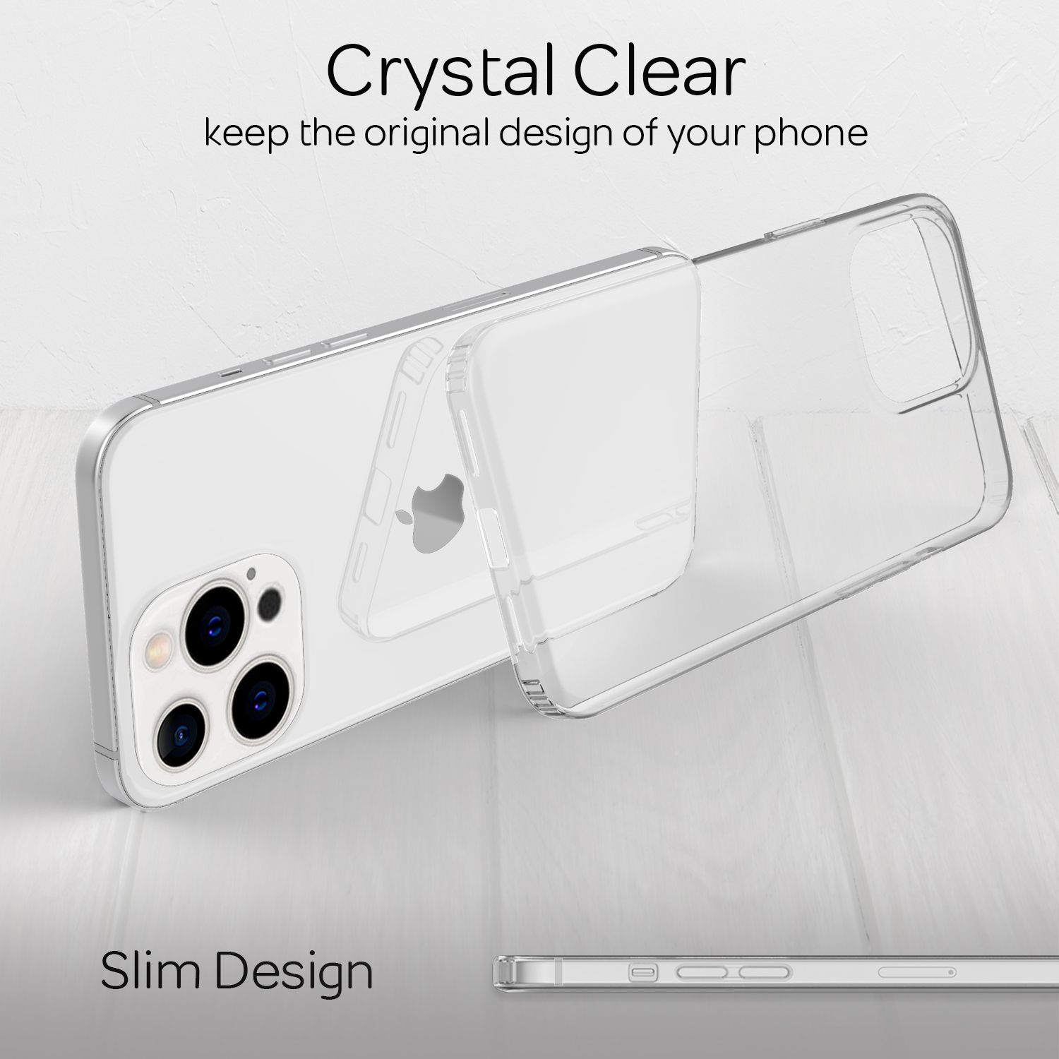 Transparente Handyhülle, Telefon darin, Text 'Crystal Clear'. Weißer Hintergrund.