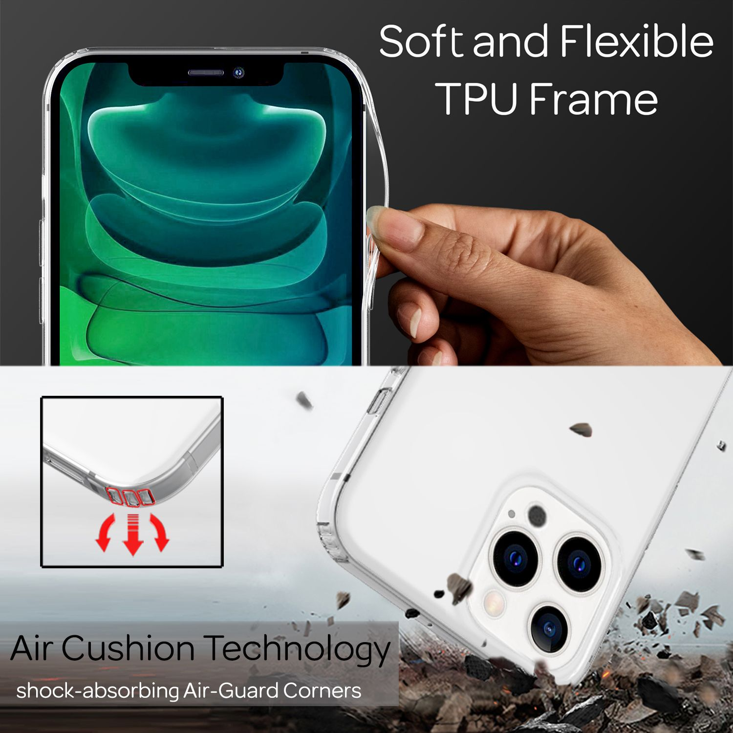 Nahaufnahme der Handyhülle. Transparent, mit flexiblem TPU-Rahmen. Luftkissentechnologie mit stoßdämpfenden Ecken.