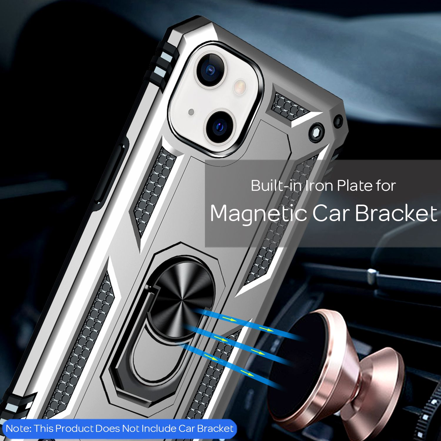 Custodia per telefono argentata con supporto ad anello e supporto magnetico per auto. Testo: 'Built-in Iron Plate'.