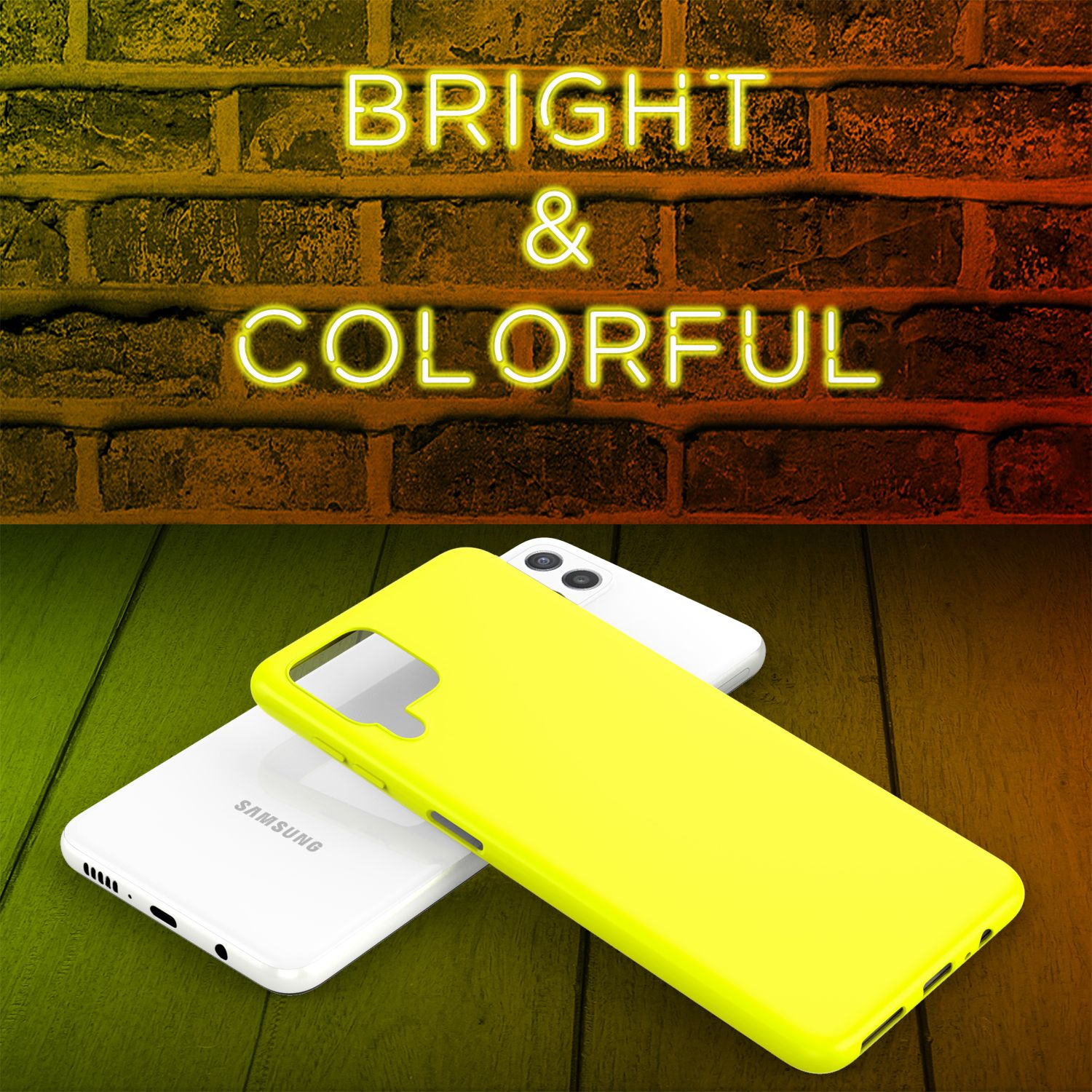 Gelbe Handyhülle auf weißem Handy, Text 'BRIGHT & COLORFUL' auf Ziegelhintergrund.