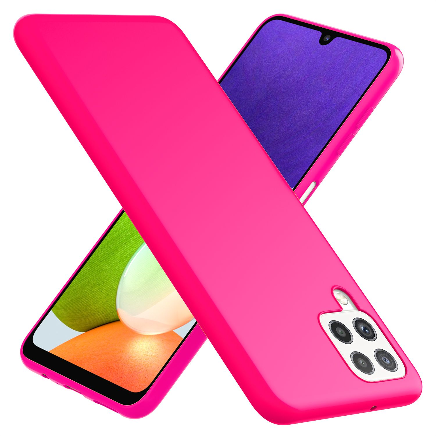 Rosa Handyhüllen, die ein Handy bedecken. Winkelansicht. Kameraausschnitte sichtbar.