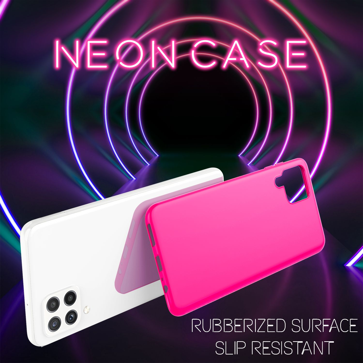 Zwei Handyhüllen, eine weiß, eine pink. Beide vor einem Neonzeichen mit 'NEON CASE'.
