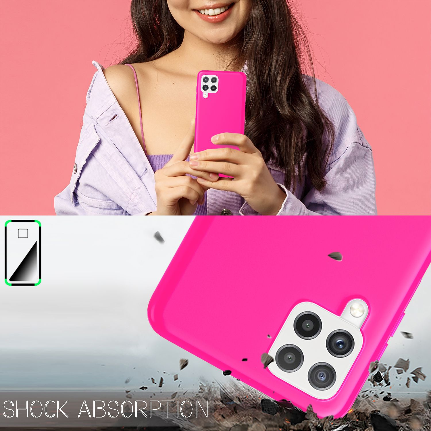 Frau hält ein pinkes Handy mit Hülle vor pinkem Hintergrund. Stoßabsorption wird erwähnt.