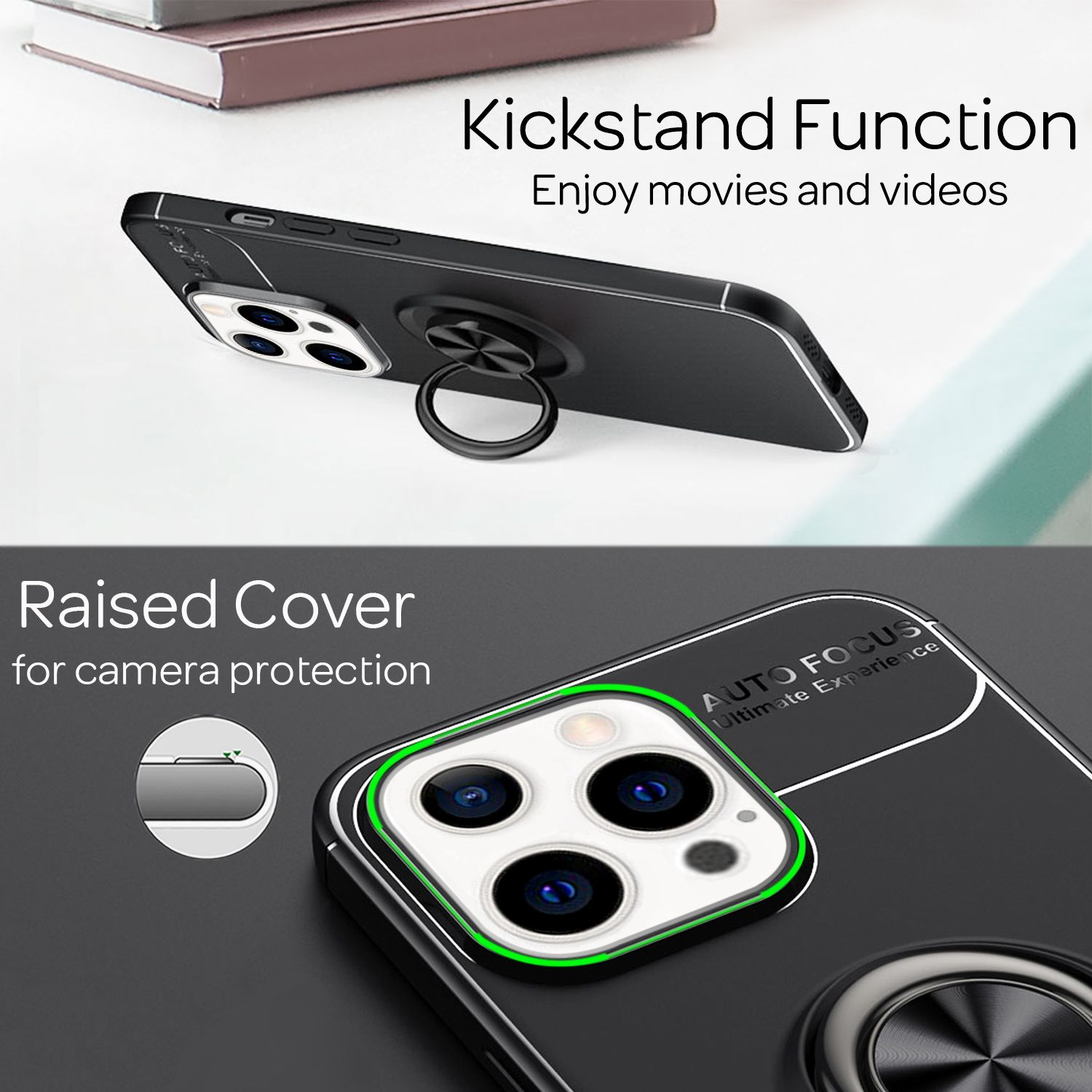 Funda negra para teléfono con cubierta elevada para protección de cámara y anillo.