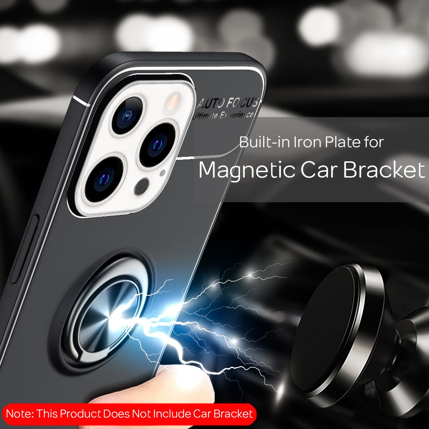Una funda negra para teléfono con un anillo de metal, un teléfono negro y un soporte magnético para coche.