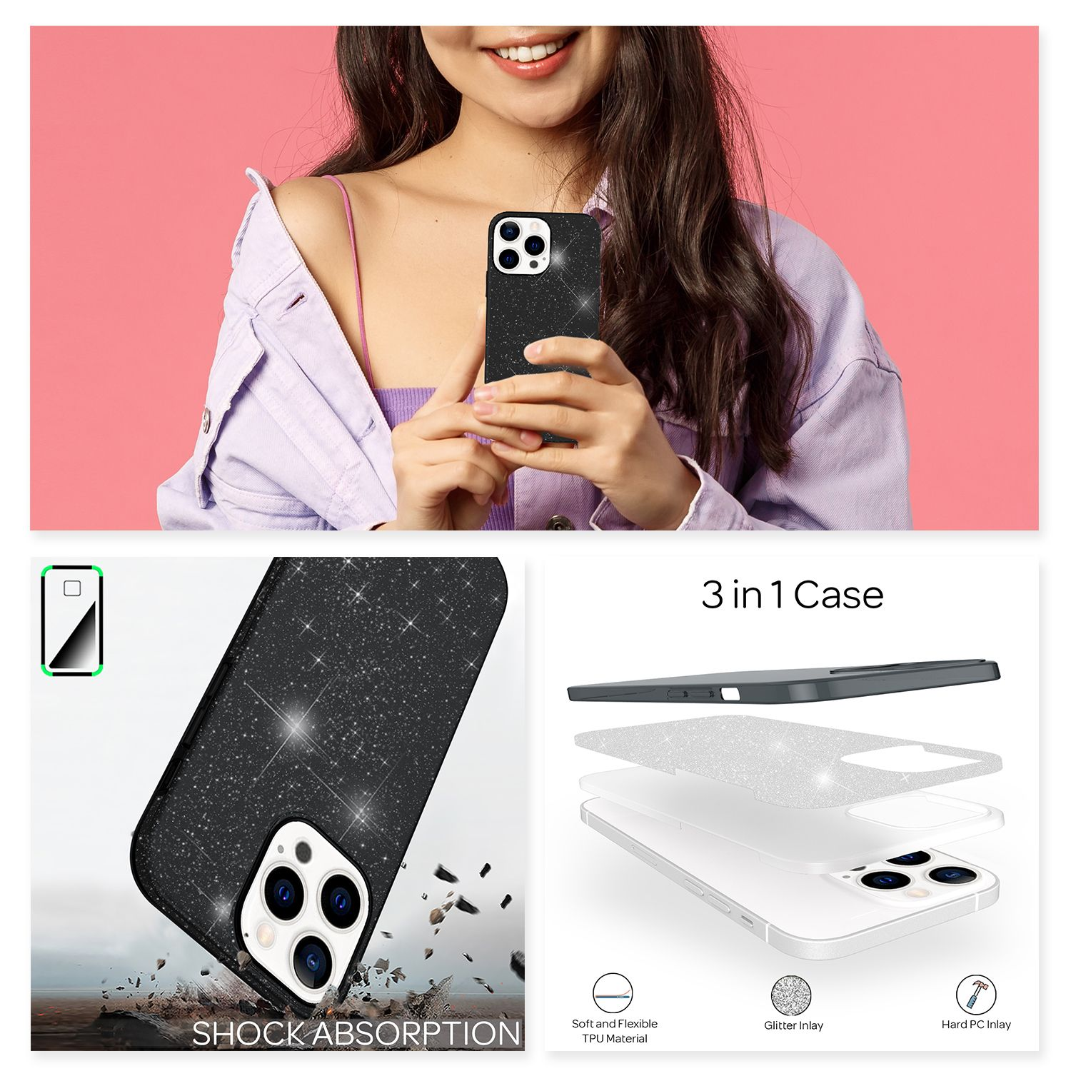 Mujer sosteniendo una funda de teléfono con purpurina y un diagrama de funda 3 en 1.