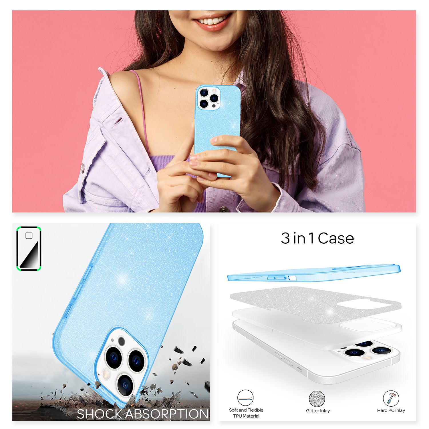 Mujer sosteniendo una funda de teléfono con purpurina azul claro. Se muestra una funda adicional con la etiqueta 'absorción de impactos'.